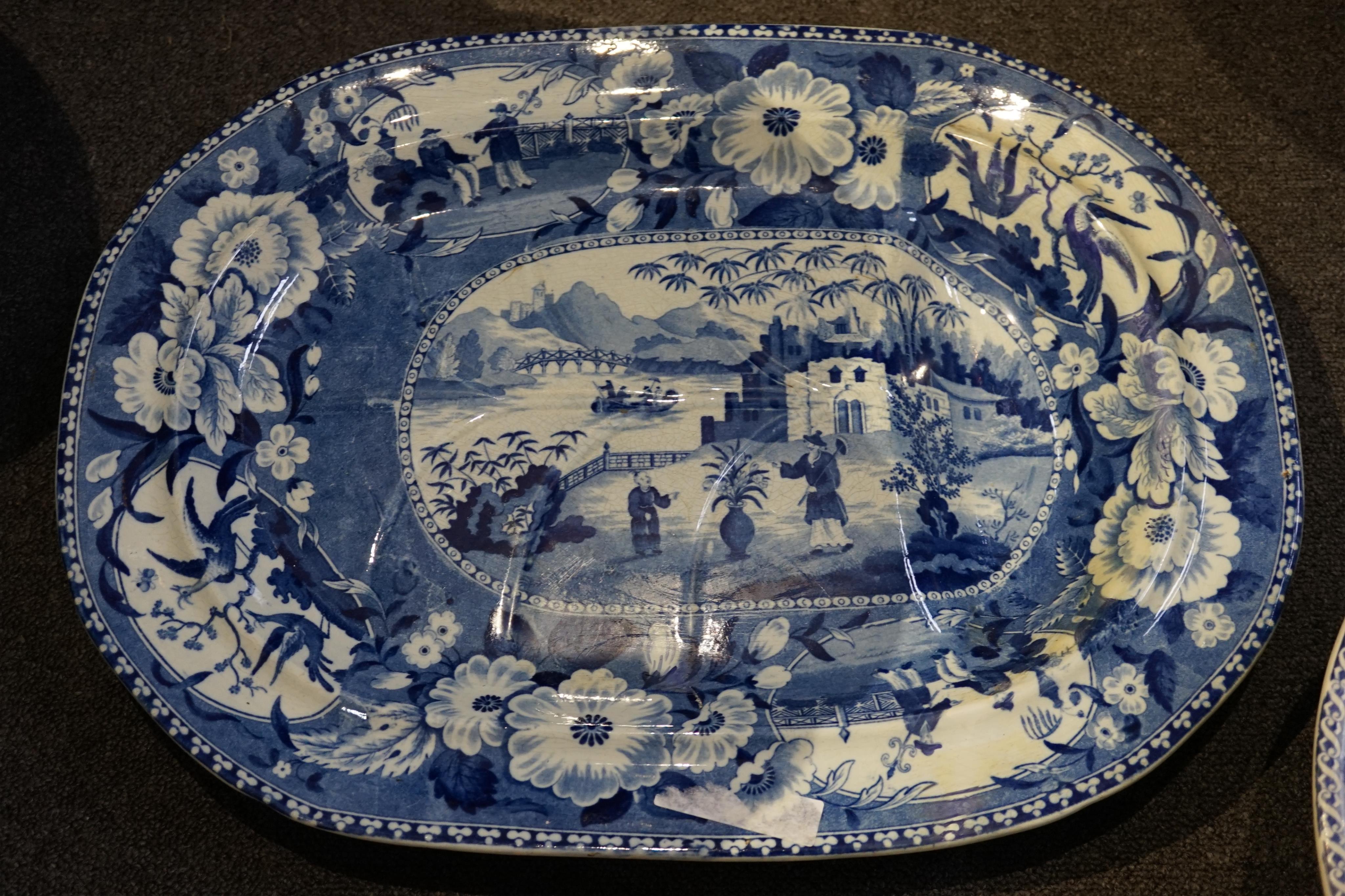 A Victorian blue and white 'Chinese Floral Pot' pattern meat plate